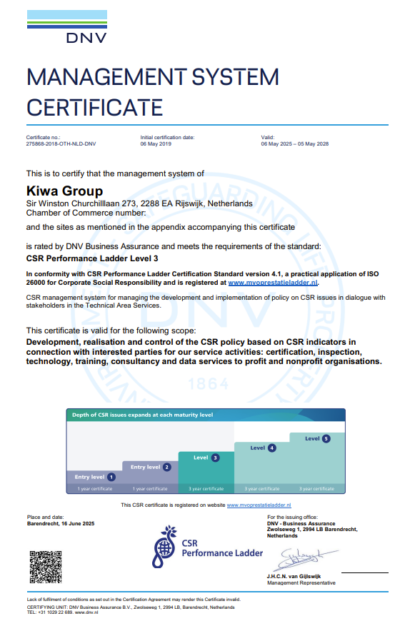 Management certificate provided by DNV confirming Kiwa meets the requirements of the standard: CSR Performance Ladder Level 3