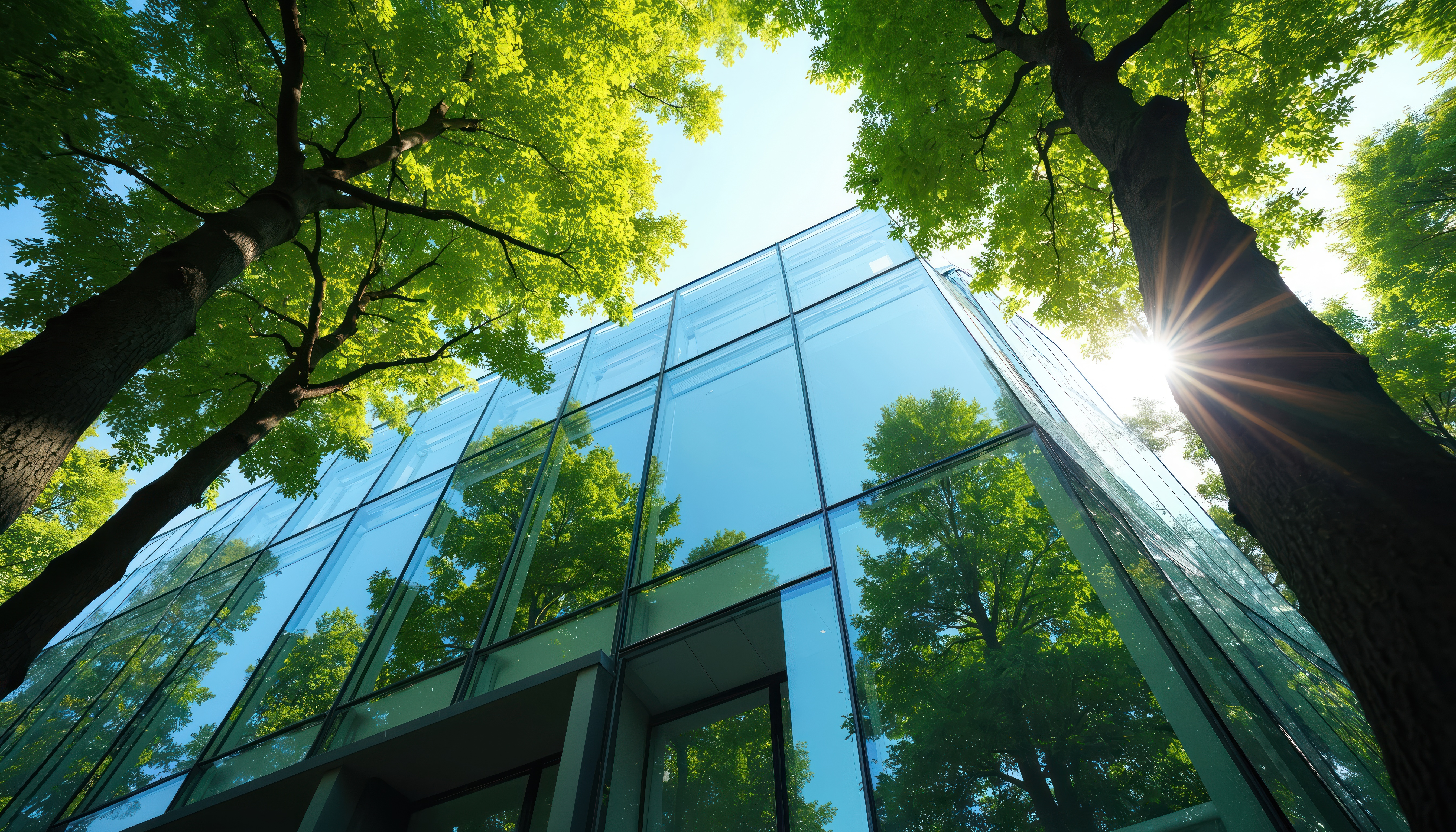Modern glass office building reflected in green trees with sunlight shining through the forest canopy.
