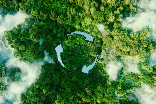 Luchtfoto van een groen bos met een wolkendek, dat een cirkelvorm vormt