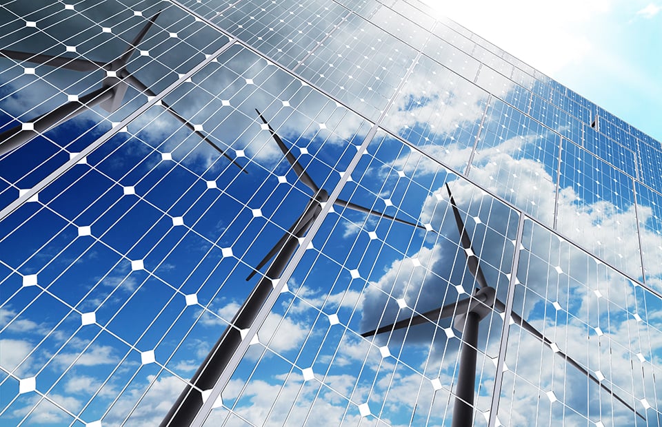 Solar panels reflecting the sky and wind turbines, symbolizing renewable energy and sustainable technology.