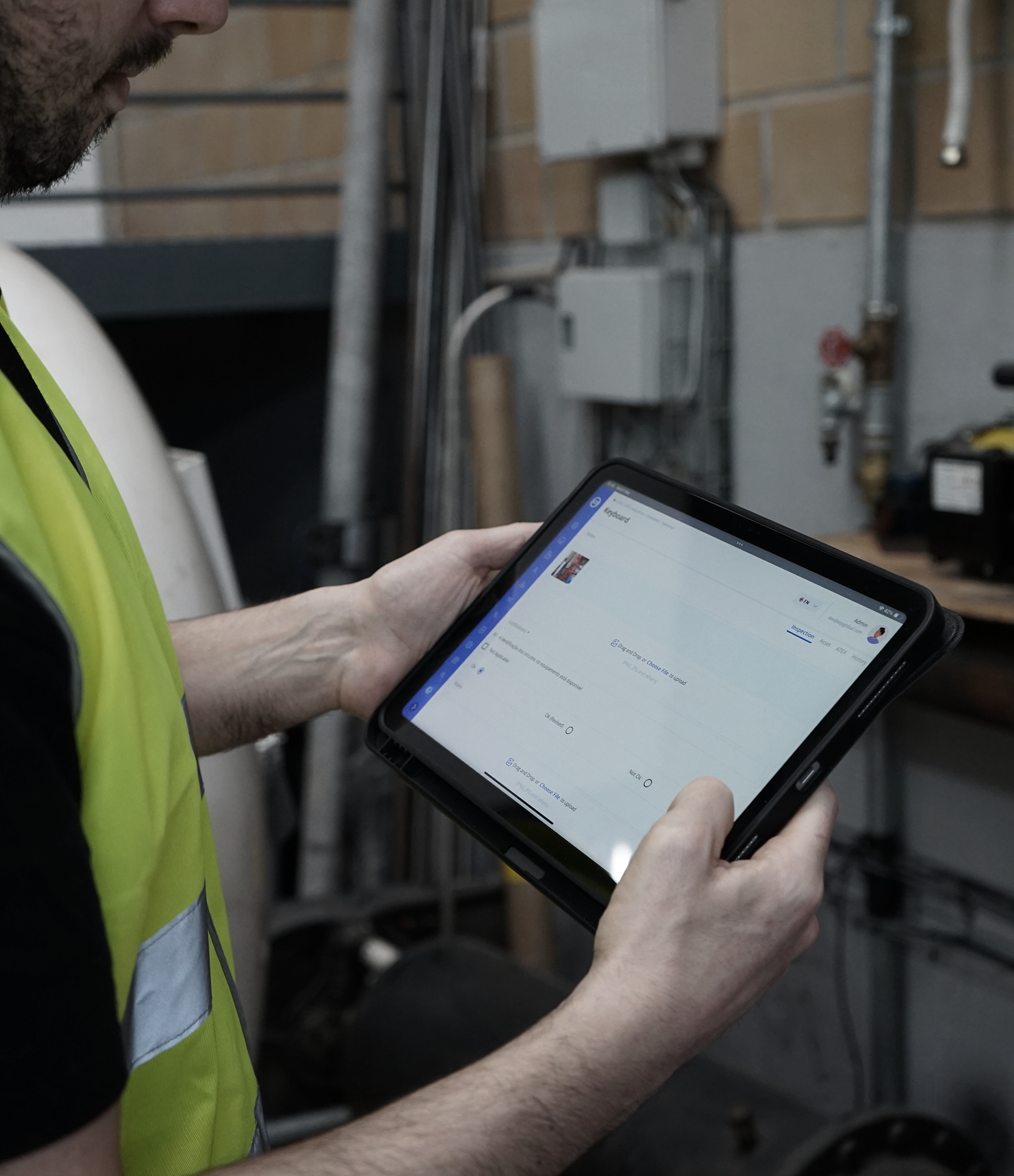 Kiwa auditor using a tablet for industrial operations in a mechanical setting.