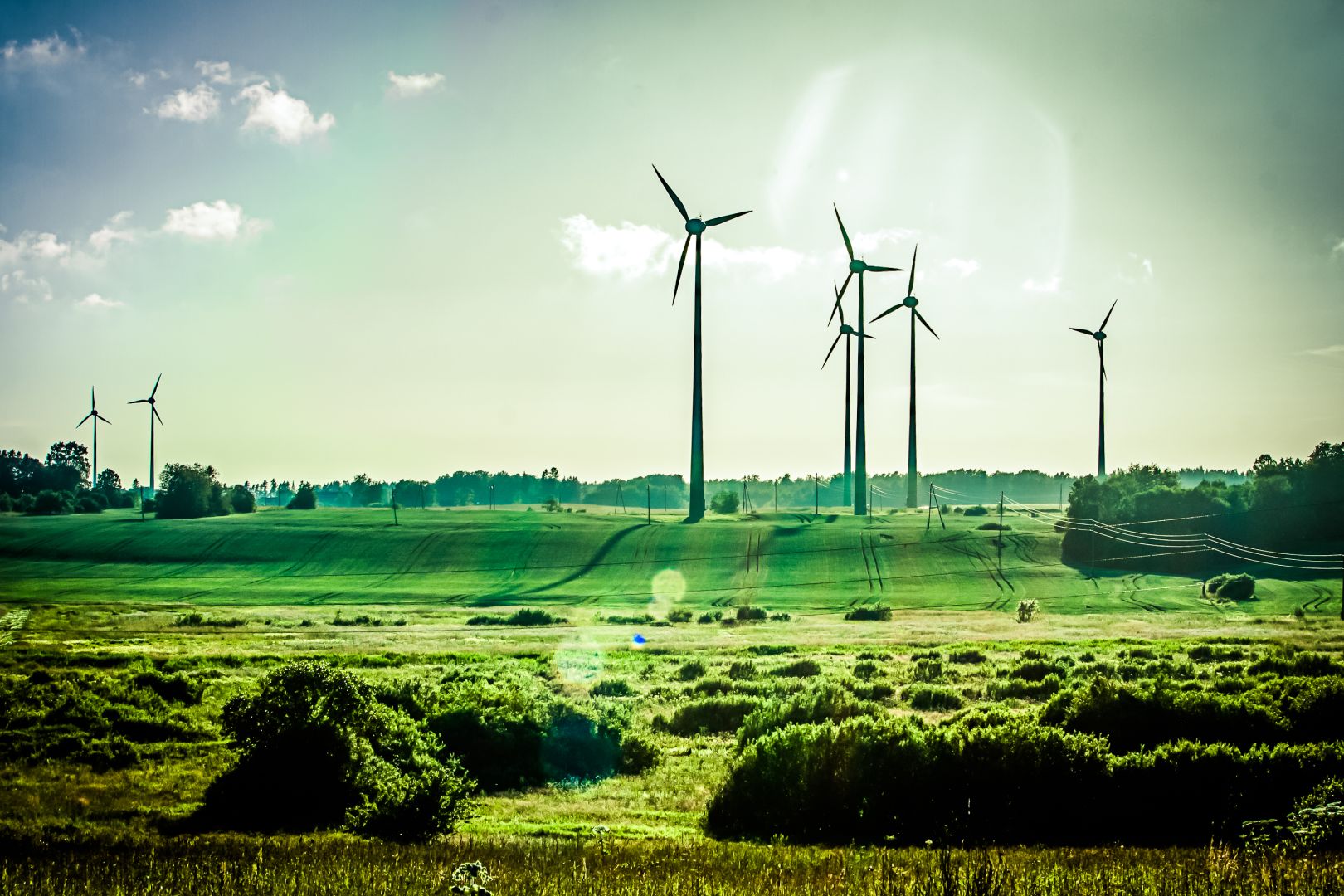 Wind turbines in a green rural landscape under a bright sky, showing renewable energy and sustainable power generation.