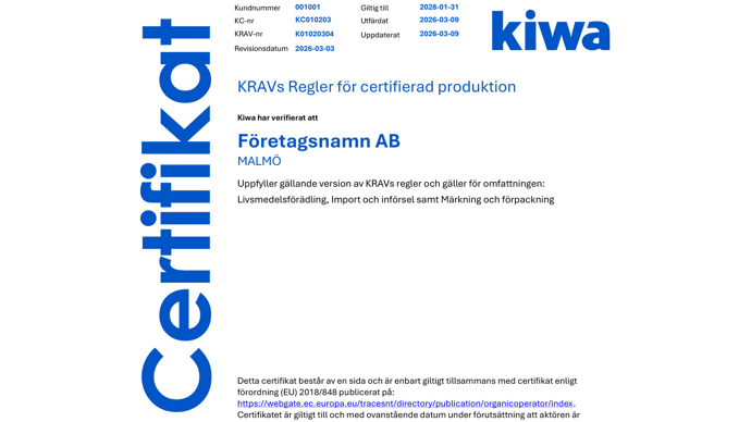Kiwa-certifikat för KRAVs regler för certifierad produktion, med ny logotyp. 