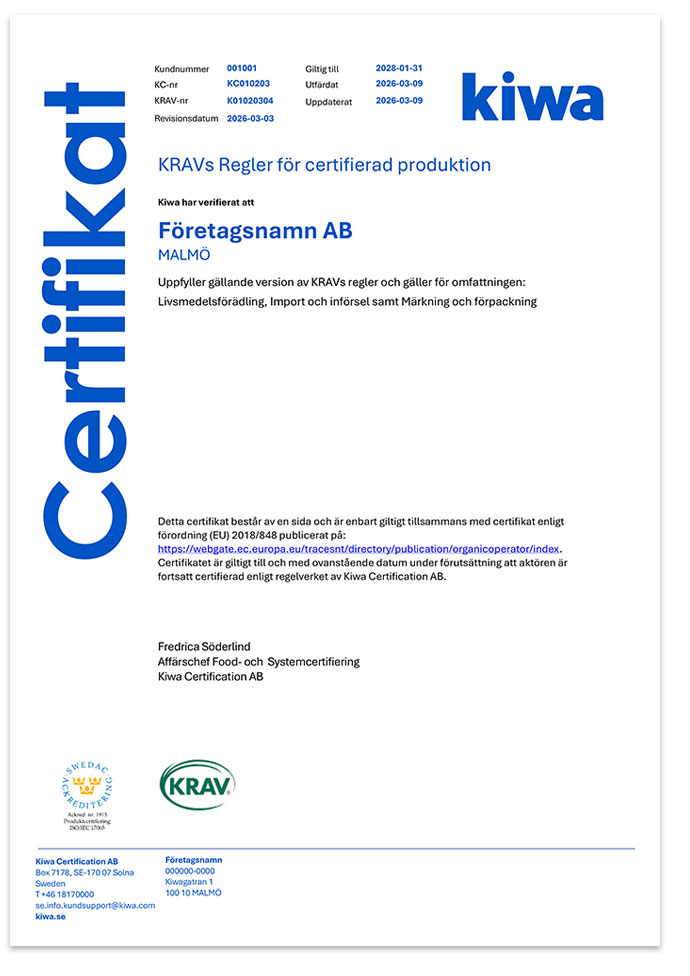 Certifikatet f&ouml;r KRAV med v&aring;r nya logotyp och design. 