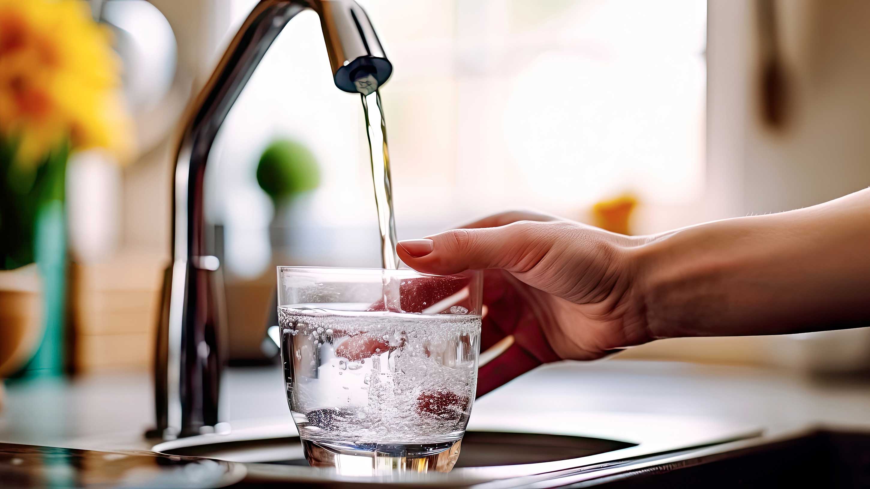 Hand som håller i ett glas medan det fylls med vatten från en kökskran. Bakgrunden visar en suddig köksmiljö med blommor och ljus.
