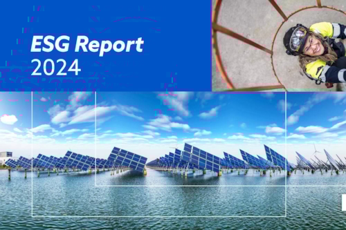 Kiwas ESG rapport för 2024 - rapportens framsida visar flera rader med solpaneler placerade över vatten.
