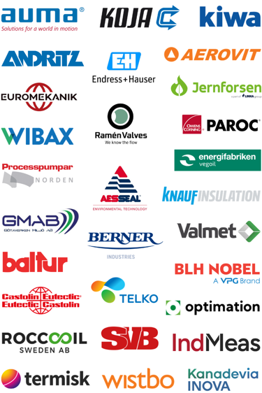 Logotyper för flera utställarföretag under Kraftvärmedagarna, inklusive AUMA, KOJA, Kiwa, Euromekanik, Endress+Hauser, Aerovit, Andritz, Radarbolaget, Jernforsen, Wibax, Ramén Valves, Energifabriken, Paroc, Processpumpar Norden, Aesseal, Valmet, GMAB och Knauf Insulation.