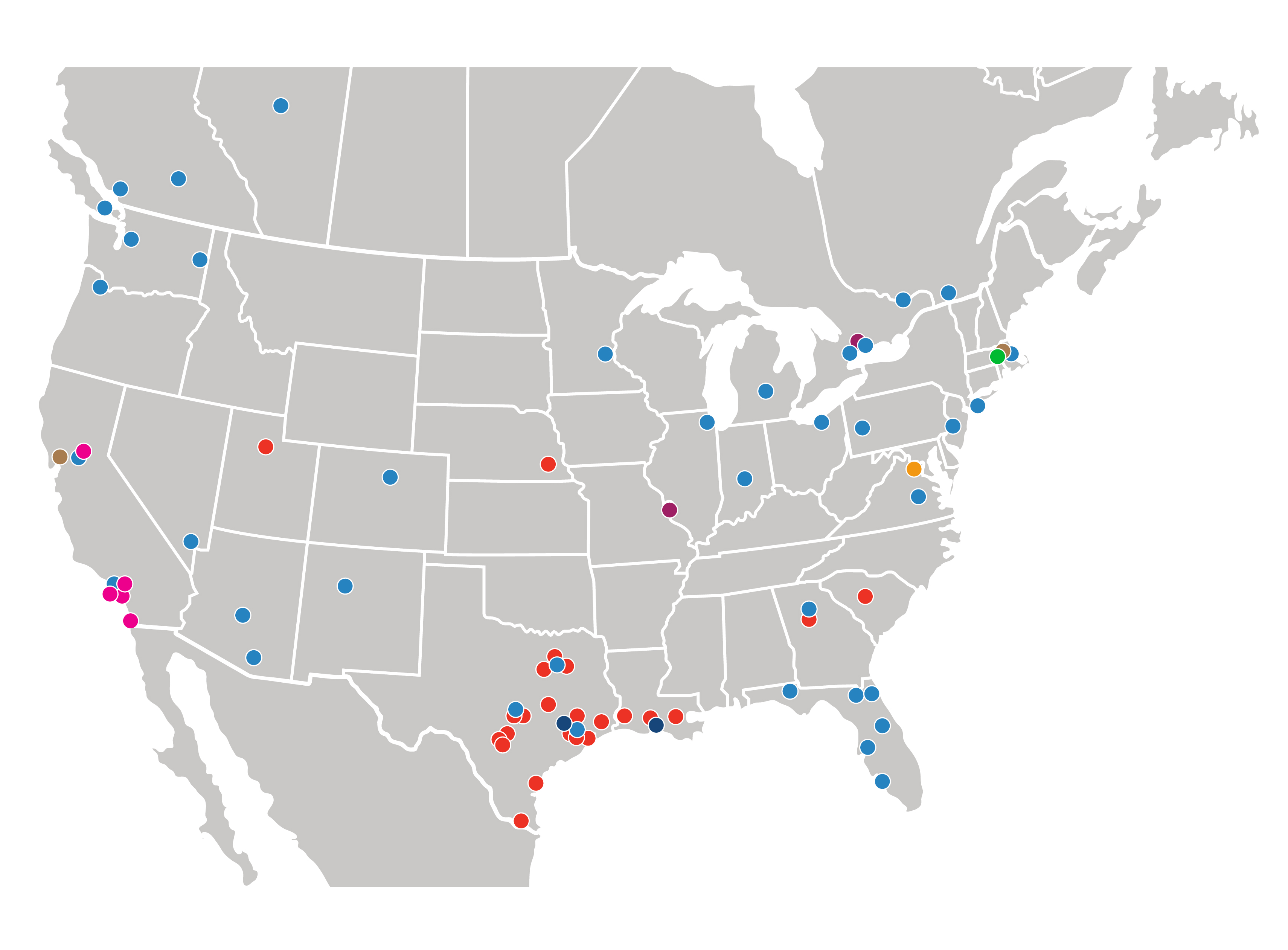 Color-coded office location markers on a map of the United States and Canada.