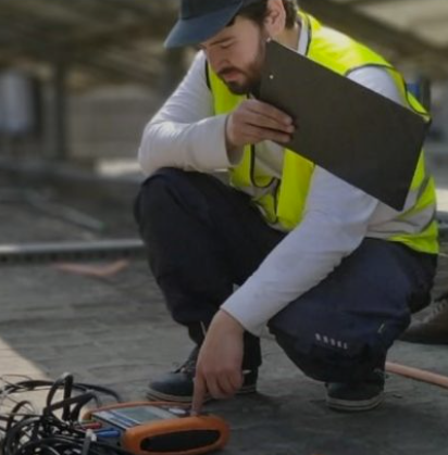 Kiwa PI Berlin employee in a high-visibility vest crouching on the ground beside cables and testing equipment, holding a clipboard.